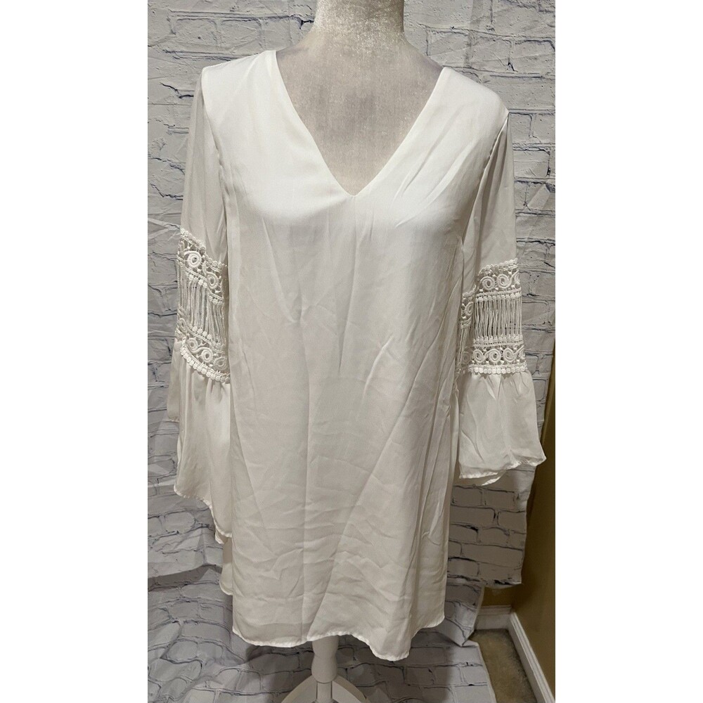 Loveriche white shift dress 3/4 length bell sleeves and crochet lace details L